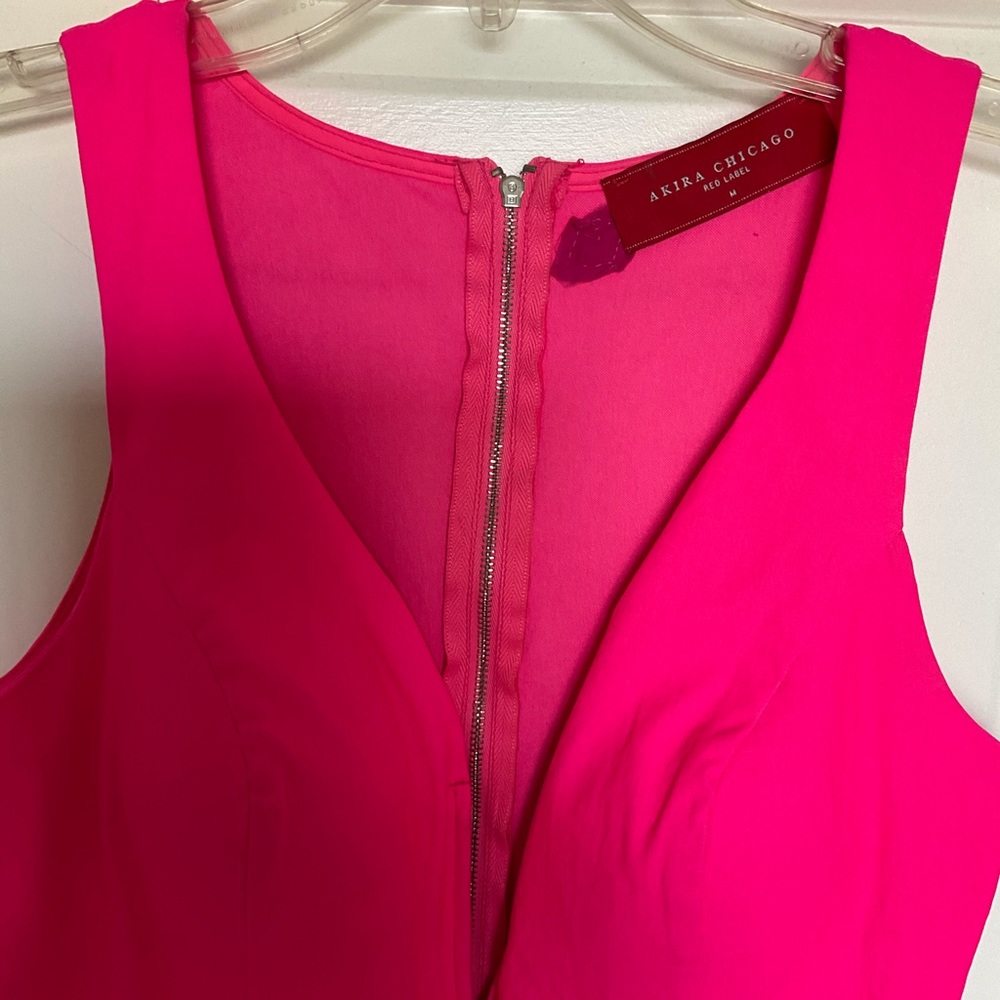 Akira Red Label Bright Neon Pink Bodycon Deep V Dress - Picture 2 of 3